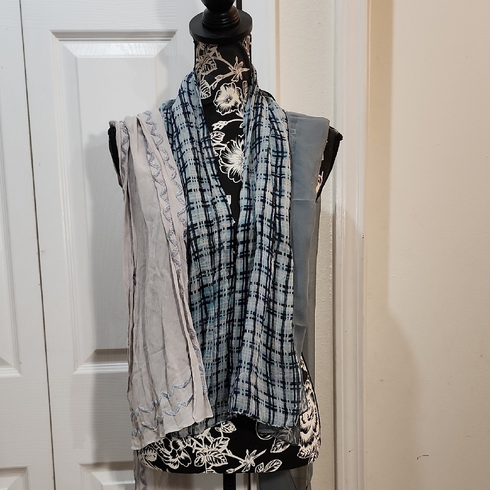 3 Blue And Gray Sheer Scarf Bundle